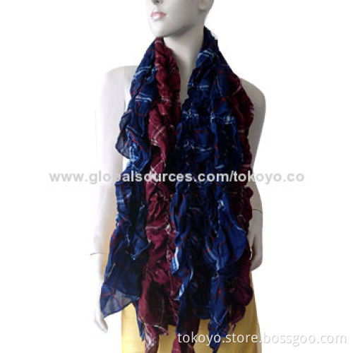 Ruffled scarf with screen printing, made of viscose, modal and spandex, two colors tile